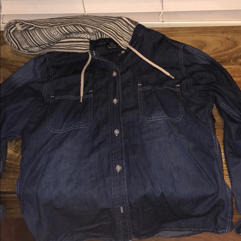 Empyre denim button down shirt with printed hood.